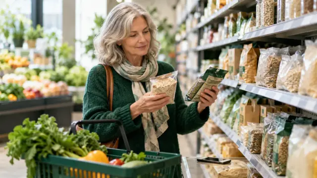 Fictional shopper comparing grocery packs beside a basket in a supermarket