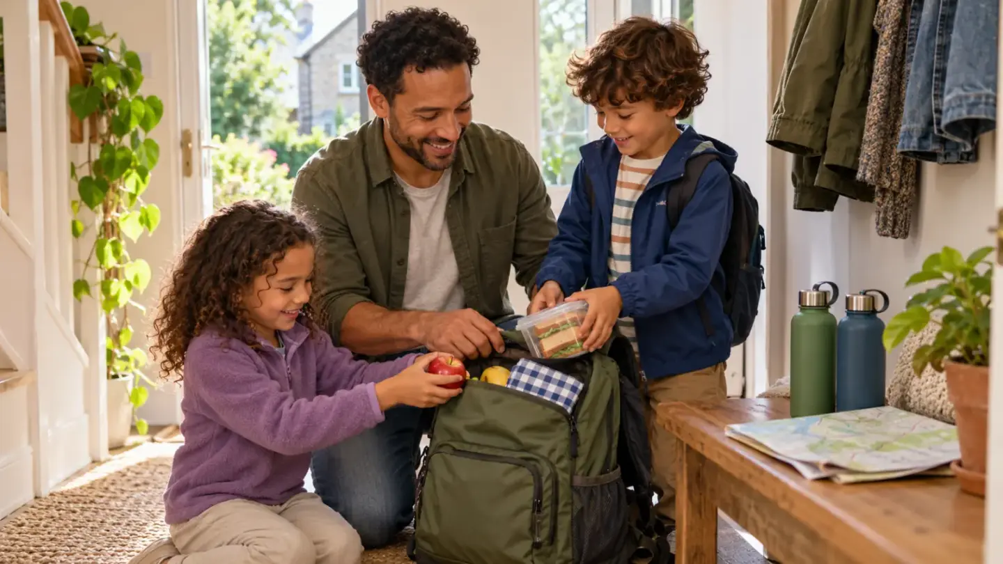 Fictional family packing picnic food and reusable bottles beside the front door