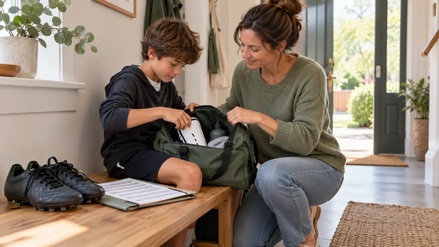 Fictional mother and child arranging a sports bag, boots and music materials for after-school activities