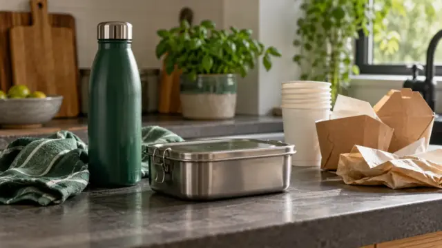 Fictional still life of a steel bottle, reusable lunch container and cloth beside plain disposable packaging