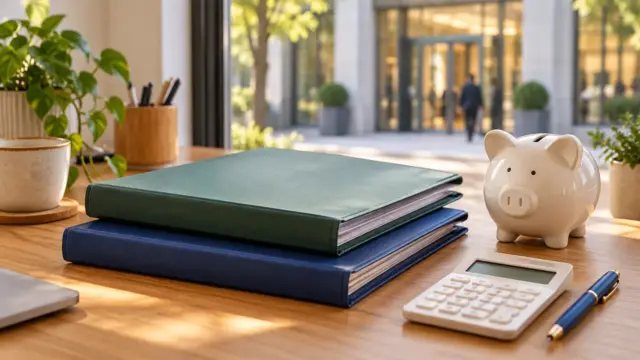 Plain account folders, a ceramic savings pig and an unbranded calculator on a fictional household desk.