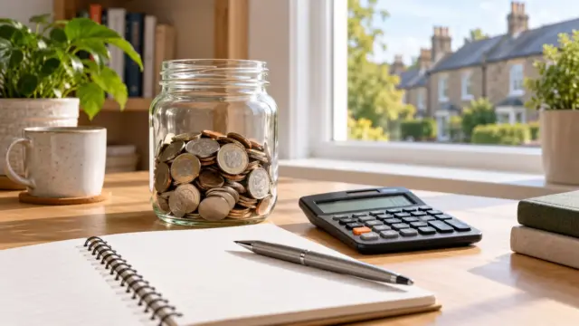 Fictional savings jar of unmarked coins beside a blank ledger and calculator on a home desk.