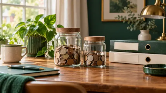 Fictional savings jars with generic coins and plain account folders on a home desk.
