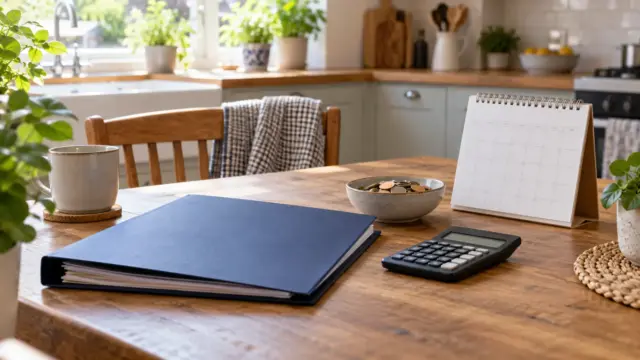Fictional household cash-flow notebook beside a calculator and plain debit card.