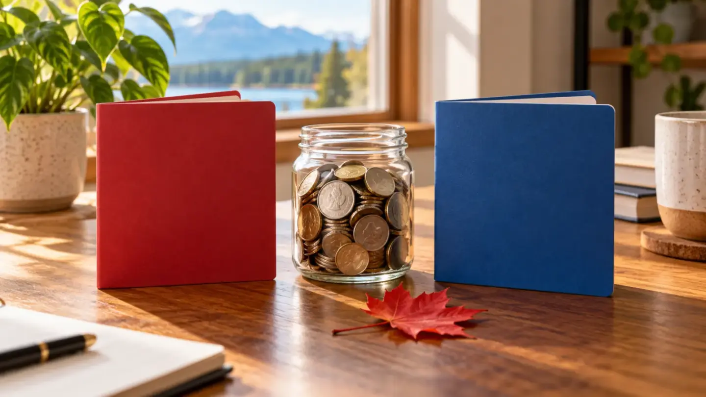 Fictional red and blue savings folders beside a glass coin jar and maple leaf on a home desk.