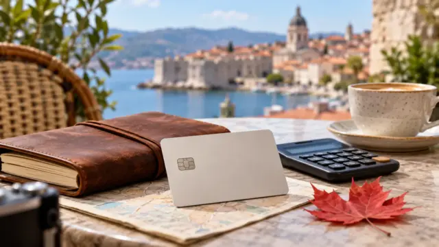 Fictional plain payment card, travel notebook, calculator and maple leaves on an outdoor cafe table.