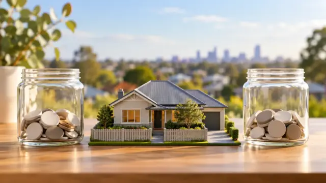 Fictional miniature Australian house between two plain glass jars of neutral tokens on a tabletop.