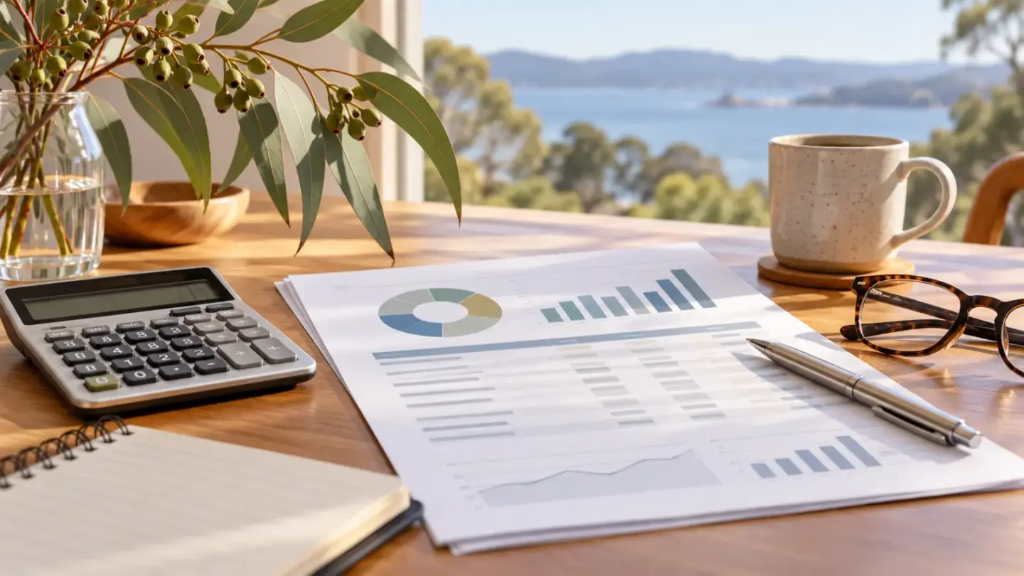 Fictional retirement-planning statement with abstract charts beside a calculator and eucalyptus sprig.