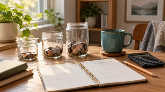 Fictional home desk with three coin jars, a blank calendar, calculator and teal mug.