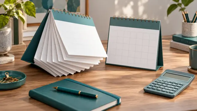 Fictional subscription-planning desk with a fan of blank calendar pages, single calendar and calculator.