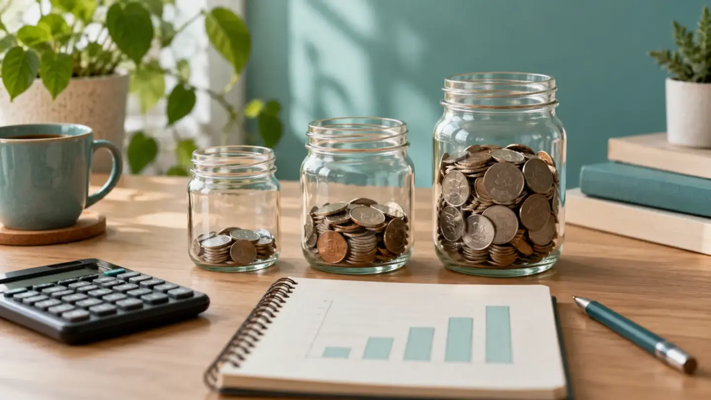 Fictional savings still life with coin jars, a blank chart notebook and calculator