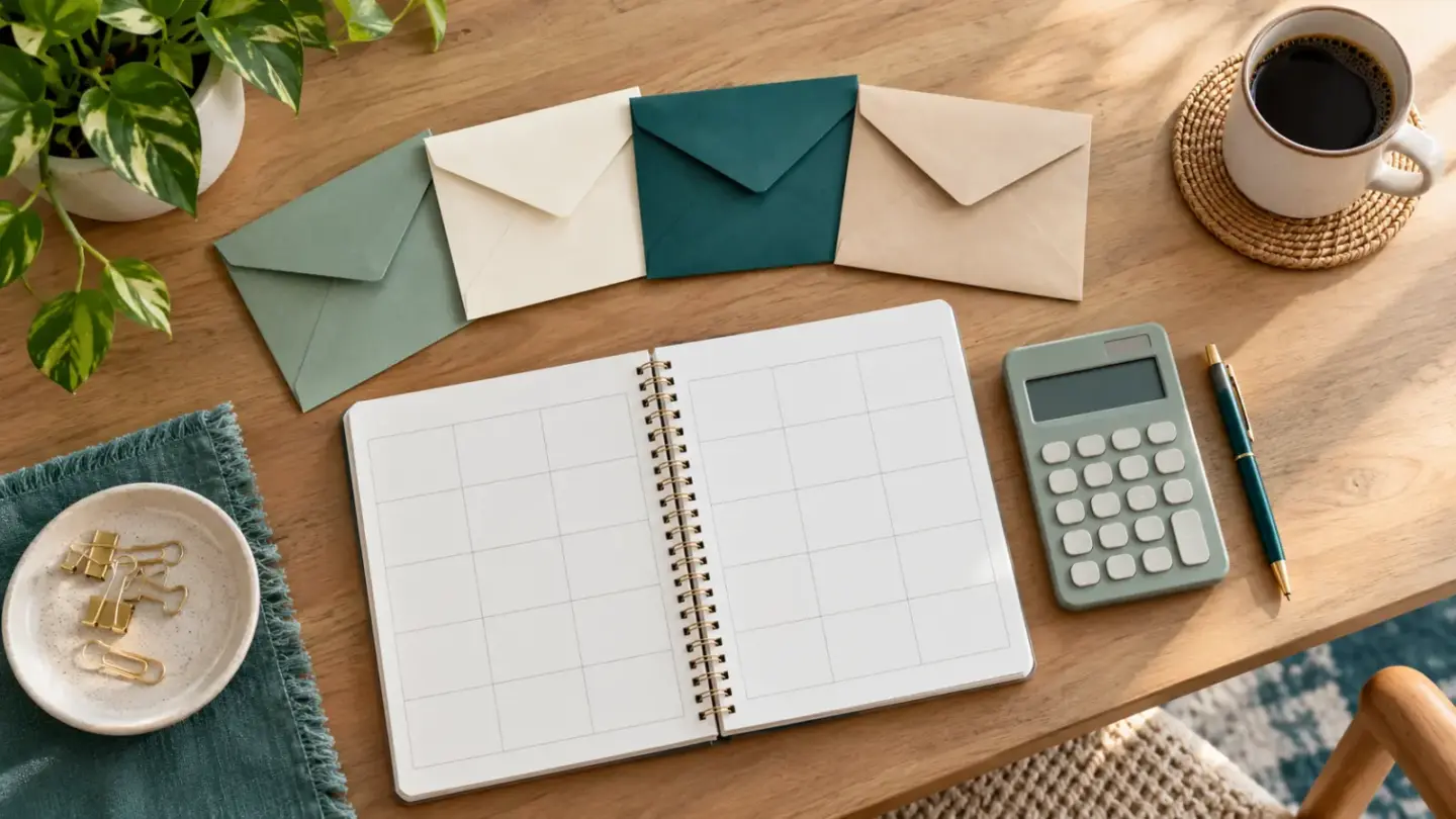 Fictional household budget desk with four plain envelopes, blank calendar notebook and calculator