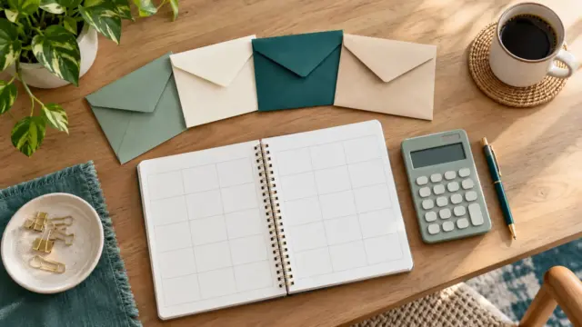 Fictional household budget desk with four plain envelopes, blank calendar notebook and calculator