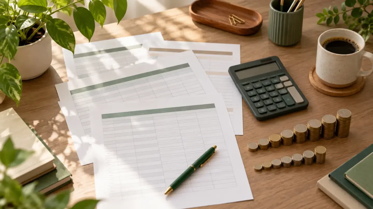Fictional repayment-planning desk with blank schedules, calculator and two paths of coin stacks