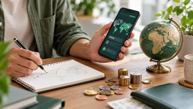 Fictional international-transfer planning scene with a phone, notebook, globe and coins