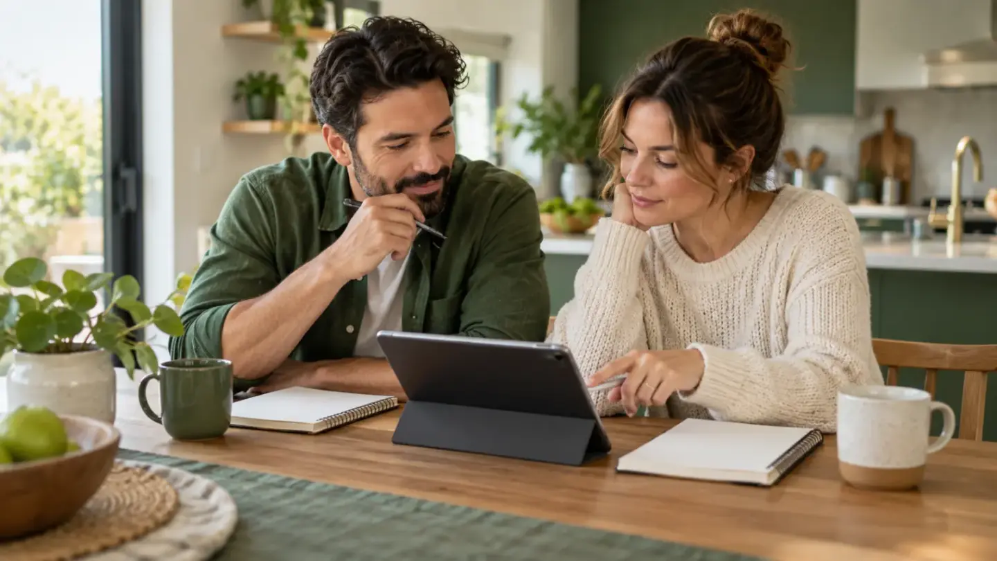 Fictional adults discussing household budgets with separate notebooks and a tablet