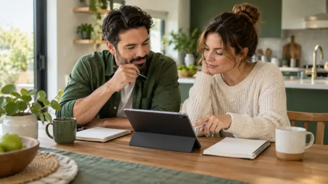 Fictional adults discussing household budgets with separate notebooks and a tablet