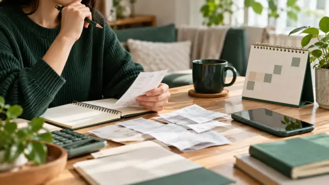 Fictional household payment calendar with blank receipts and a calculator on a desk