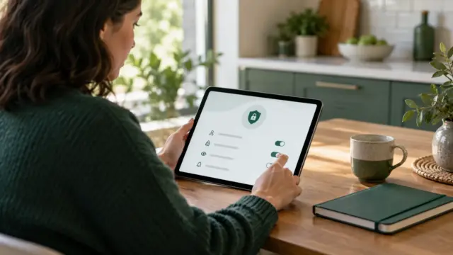 Fictional adult reviewing an unbranded privacy settings screen on a tablet at a kitchen table