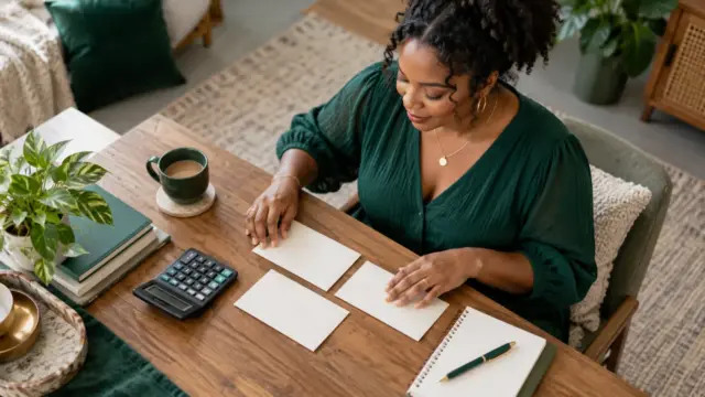 Fictional adult organising three plain envelopes beside a calculator and notebook