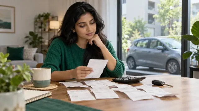 Fictional adult reviewing car receipts and a calculator beside car keys at a home table
