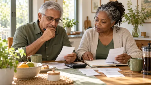 Fictional older couple reviewing household receipts and a retirement budget at home