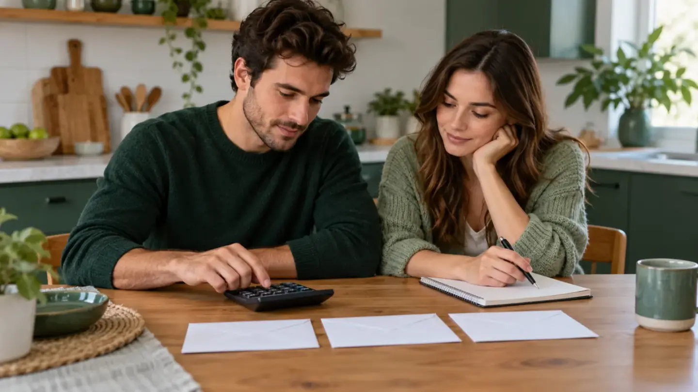 Fictional couple organising household saving goals with plain envelopes and a calculator