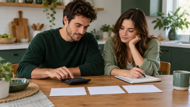 Fictional couple organising household saving goals with plain envelopes and a calculator