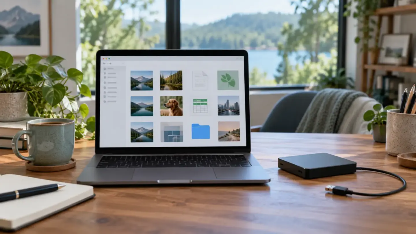 A fictional laptop showing unlabelled file thumbnails beside a separate external drive and disconnected cable.