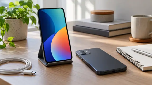 Fictional unbranded smartphones, one showing abstract shapes, beside a cable and blank planner.