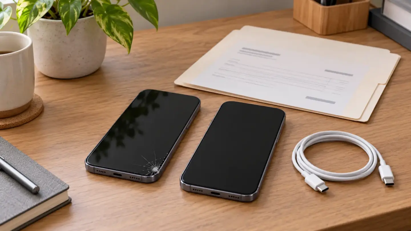 Fictional cracked-corner smartphone beside an unbranded replacement phone, plain repair folder and cable.