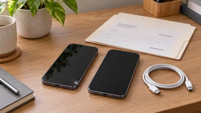 Fictional cracked-corner smartphone beside an unbranded replacement phone, plain repair folder and cable.