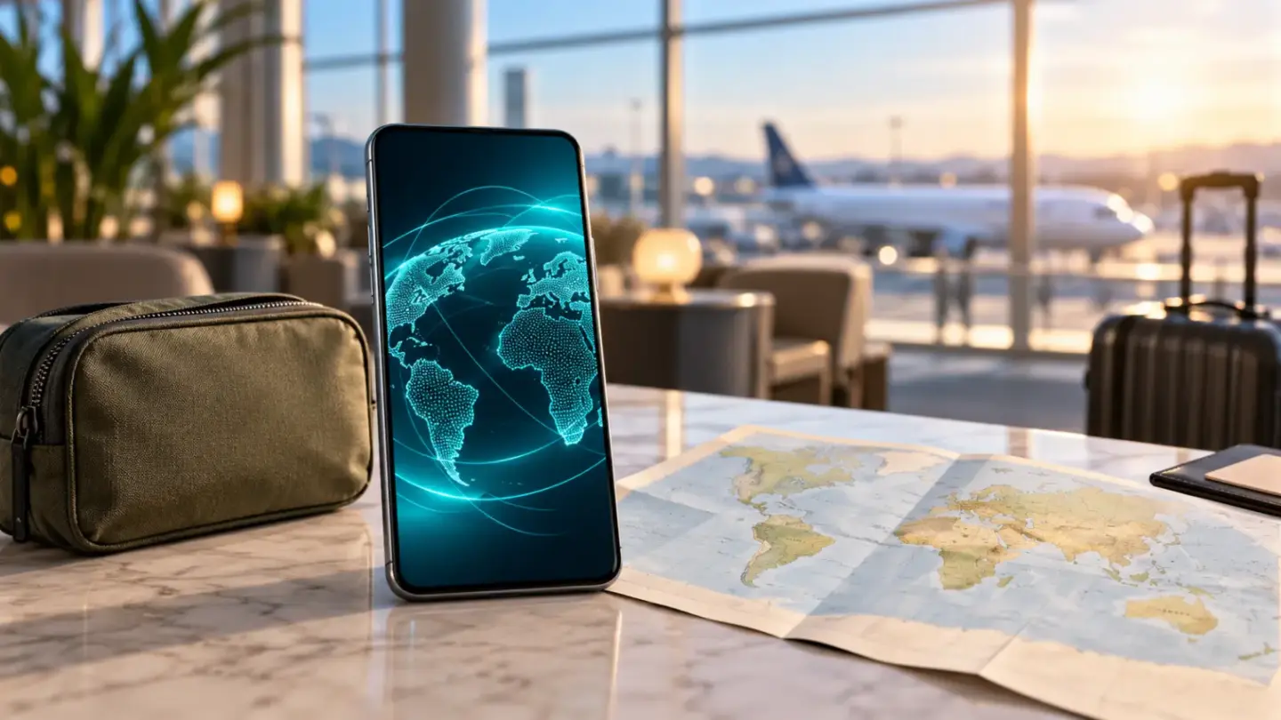 Fictional unbranded smartphone beside travel documents and a plain small suitcase.