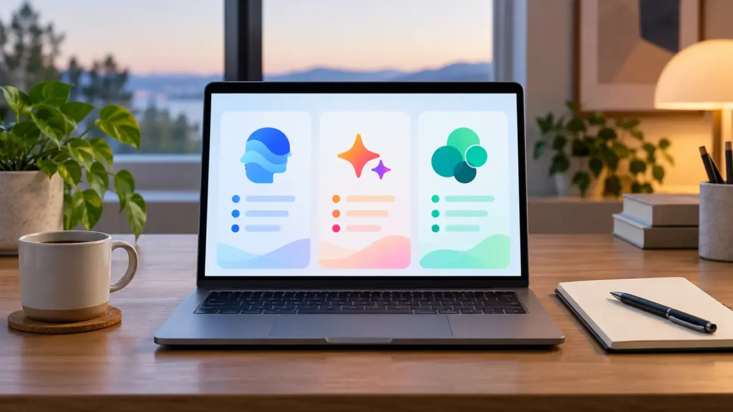Fictional laptop displaying three abstract AI-tool comparison panels beside a plain notebook.