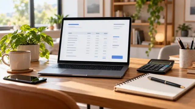 Fictional laptop displaying abstract invoice rows beside a calculator and notebook on a freelance workspace.
