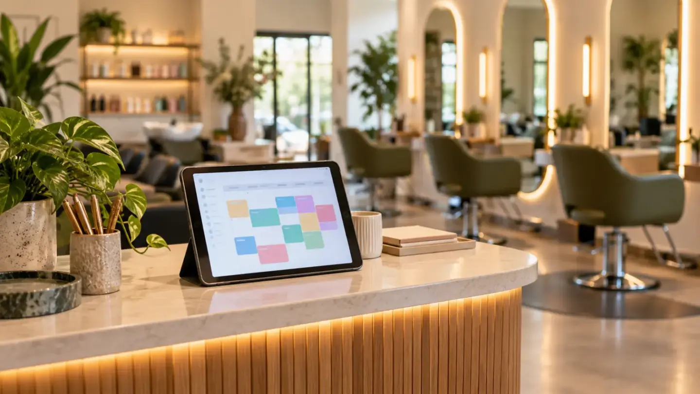 Fictional salon reception tablet with an abstract coloured appointment calendar and empty salon chairs behind.