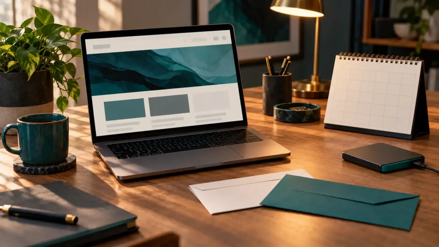 Fictional web administrator desk with abstract website on a laptop, blank calendar, envelopes and backup drive.