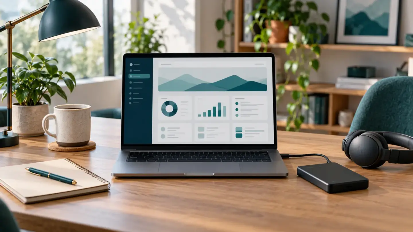 Fictional small-business WordPress-style workspace with abstract dashboard, backup drive, headset and notebook.