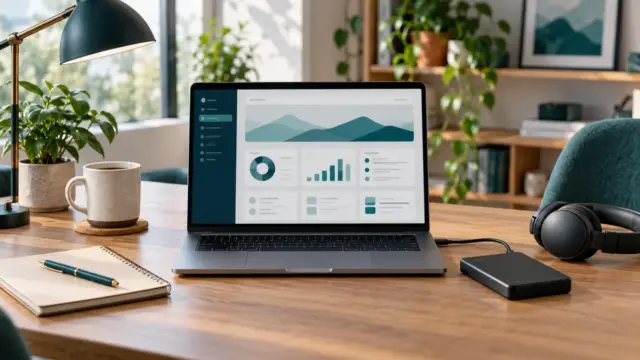 Fictional small-business WordPress-style workspace with abstract dashboard, backup drive, headset and notebook.