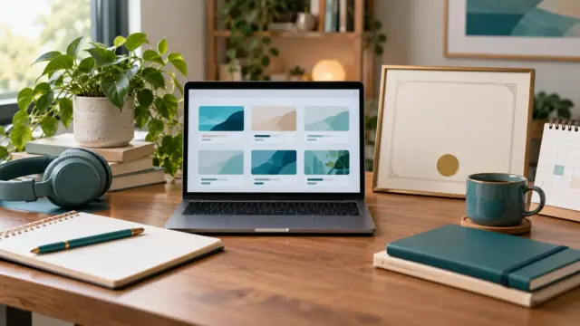 Fictional learning desk with abstract course screen, blank certificate and headphones