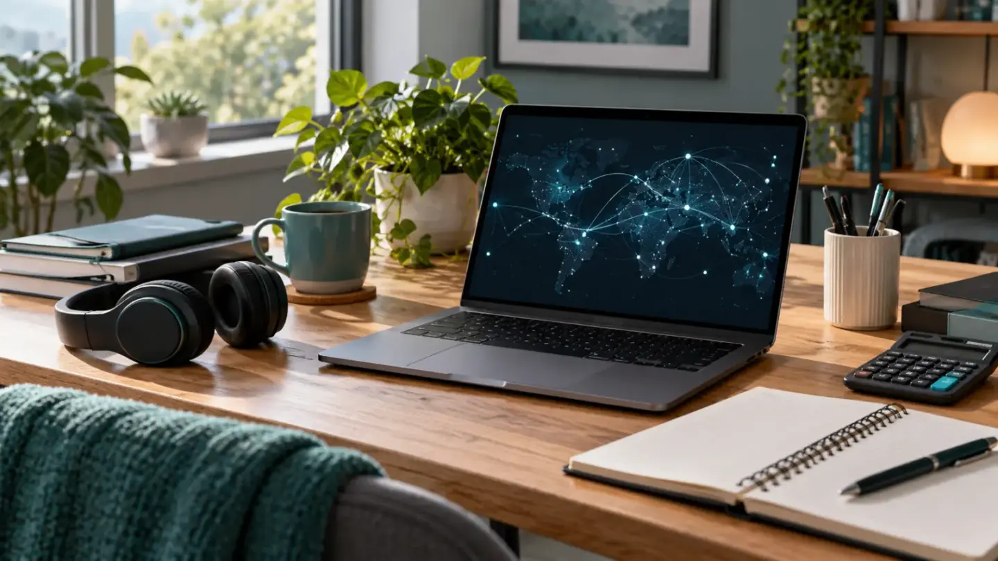 Fictional cybersecurity learning desk with abstract network screen, headphones and budgeting notebook