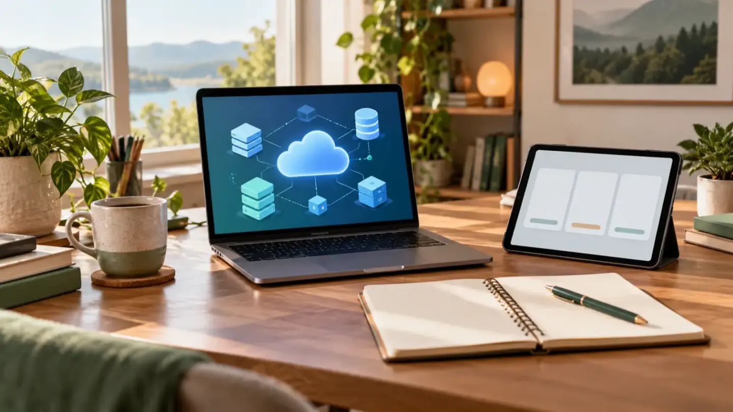 Fictional cloud-learning desk with an abstract infrastructure diagram and blank study cards