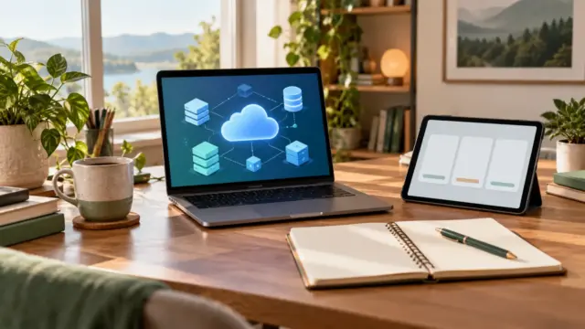 Fictional cloud-learning desk with an abstract infrastructure diagram and blank study cards