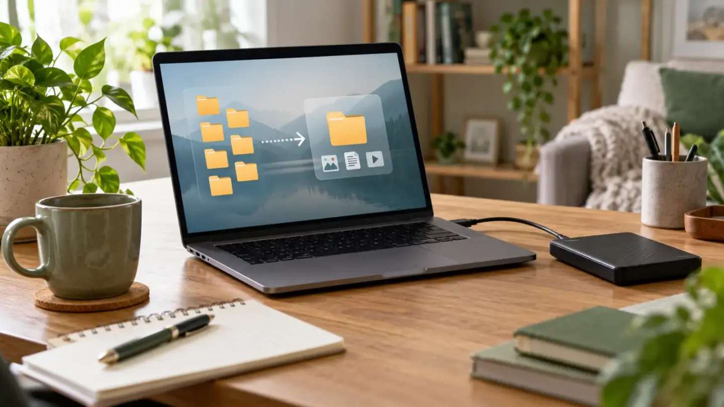 Fictional laptop showing abstract folder icons beside a connected external backup drive
