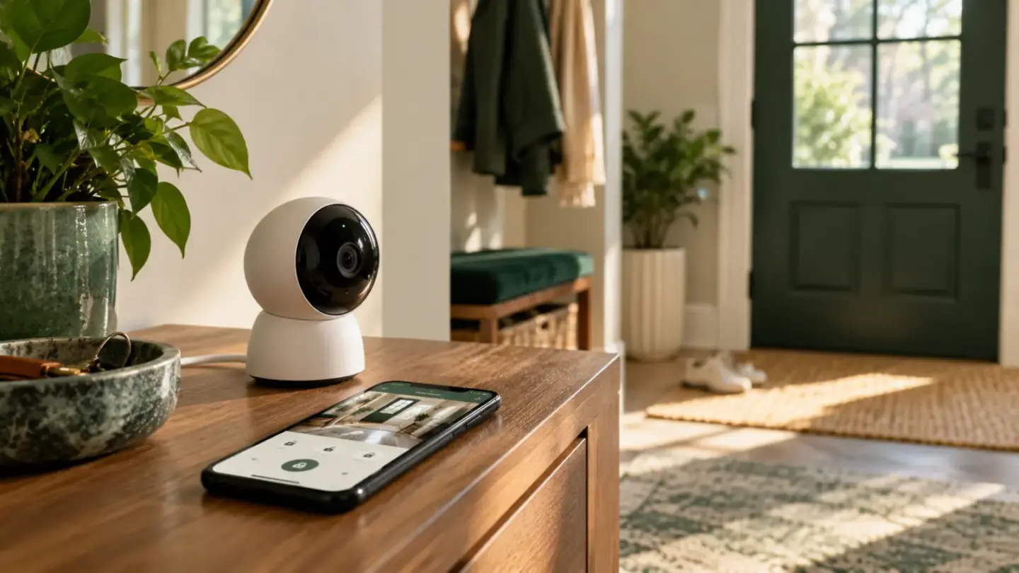 Fictional unbranded indoor security camera beside a phone showing an empty entryway