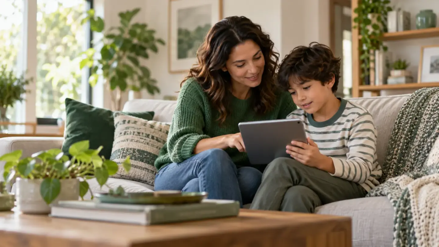 Fictional parent and school-age child discussing a tablet together in a bright family living room
