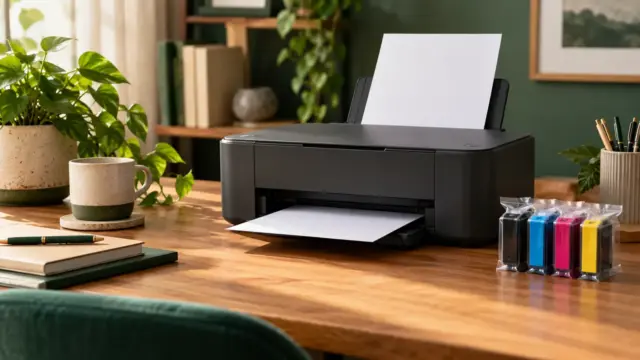 Fictional unbranded home printer with paper and sealed colour ink supplies on a wooden desk