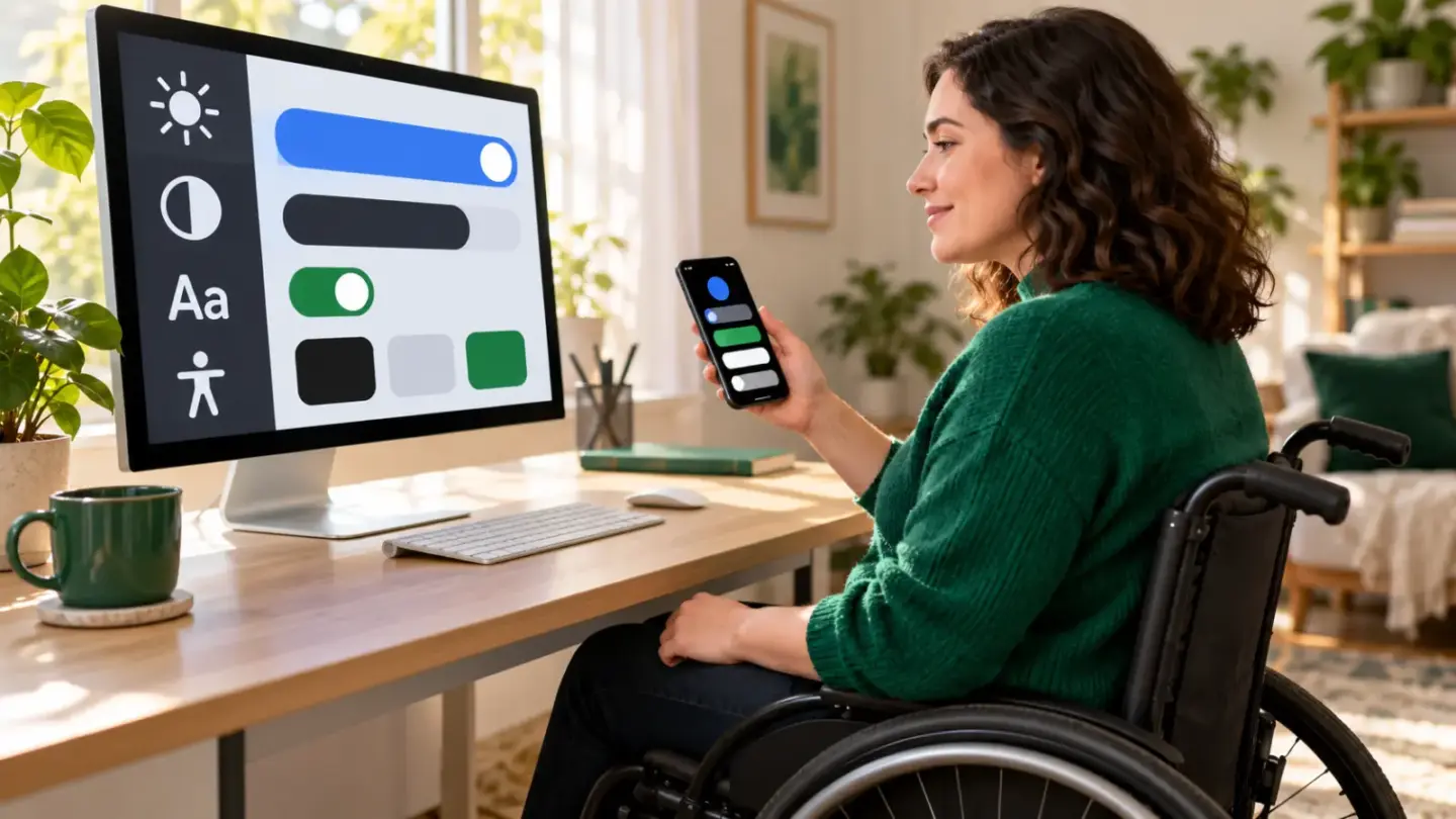 Fictional wheelchair user comparing generic accessibility controls on a computer and phone at an accessible home desk