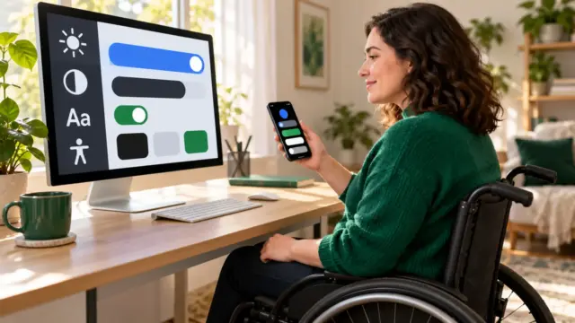 Fictional wheelchair user comparing generic accessibility controls on a computer and phone at an accessible home desk