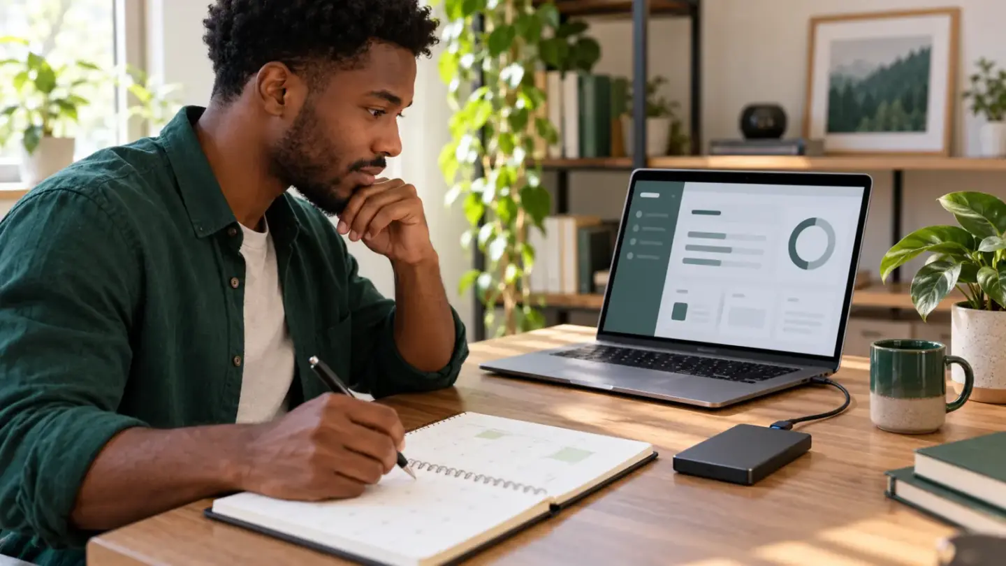 Fictional man checking a laptop, calendar and external storage device while reviewing a software trial